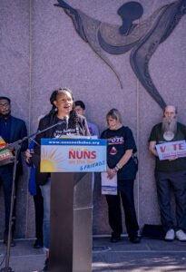 Rev. Dr. Leslie Copeland-Tune is a bus rider on the Nuns on the Bus & Friends vote our future tour