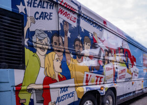 Nuns on the Bus and Friends bus on display at Love Park in Philadelphia, PA