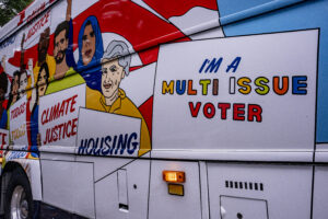 Nuns on the Bus and Friends bus on display at Love Park in Philadelphia, PA