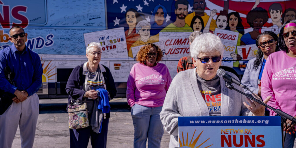 Sr. Barbara Pfarr, SSND, speaks at the press conference following the Nuns on the Bus & Friends site visit to Sojourner Truth House in Gary, IN on Oct. 7.