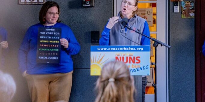 Amelia Kegan of the the Friends Committee on National Legislation speaks at the press conference and rally following the Nuns on the Bus & Friends site visit to the St. Francis Center in Redwood, CA on Oct. 17.